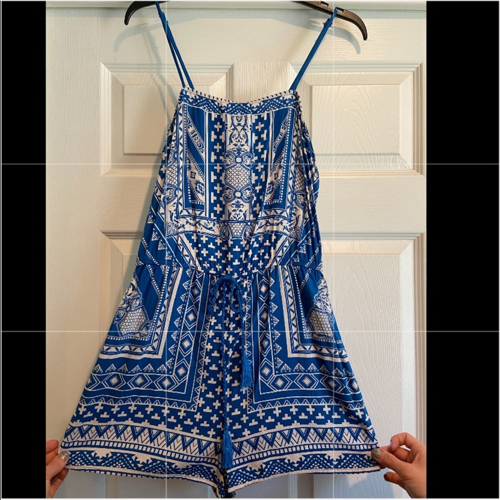 Blue and white romper with adjustable waist tie